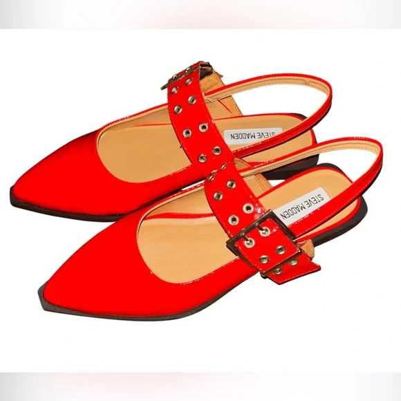Steve Madden Red Studded Buckle Leather Y2K Slingback Flats Vintage Retro New - Picture 5 of 12